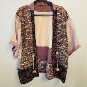 Pink Purple Brown Muted Patchwork Open Front Lightweight Cardigan | Large